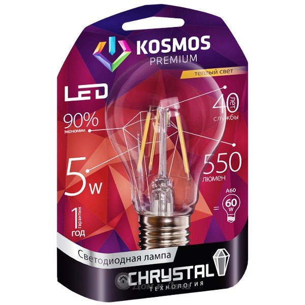 Лампа светодиодная. KOSMOS premium LED 5Вт А60 "Золотая Нить" E27 230В 3000K